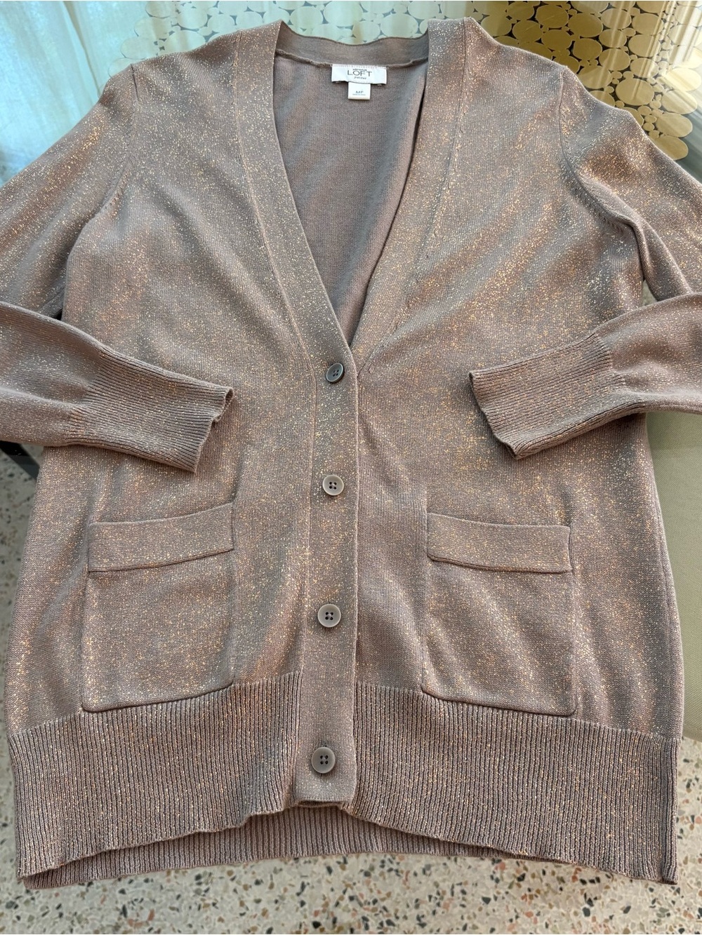 Ann Taylor LOFT Tan with gold fleck CARDIGAN! Size M P